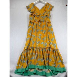 Three Floor Old Gold Yellow Floral Ruffle High-Low Maxi Dress US 12 XL 18TF-1337